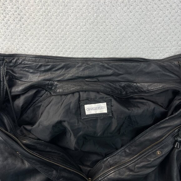Vintage 90s Charles Klein Mens Leather Field Jacket Black Coat Waist Ties Sz XL - Picture 16 of 16